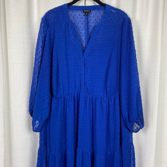Torrid Blue Clip Dot Tiered Midi Dress Sz.3 - Picture 7 of 16